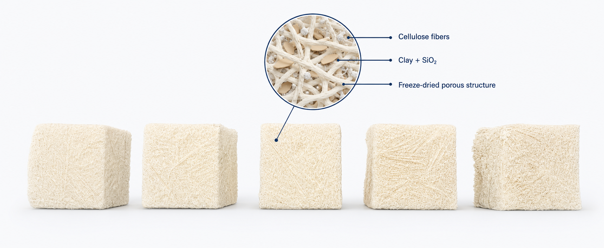 Clay- and silica-modified freeze-dried cellulose porous structure